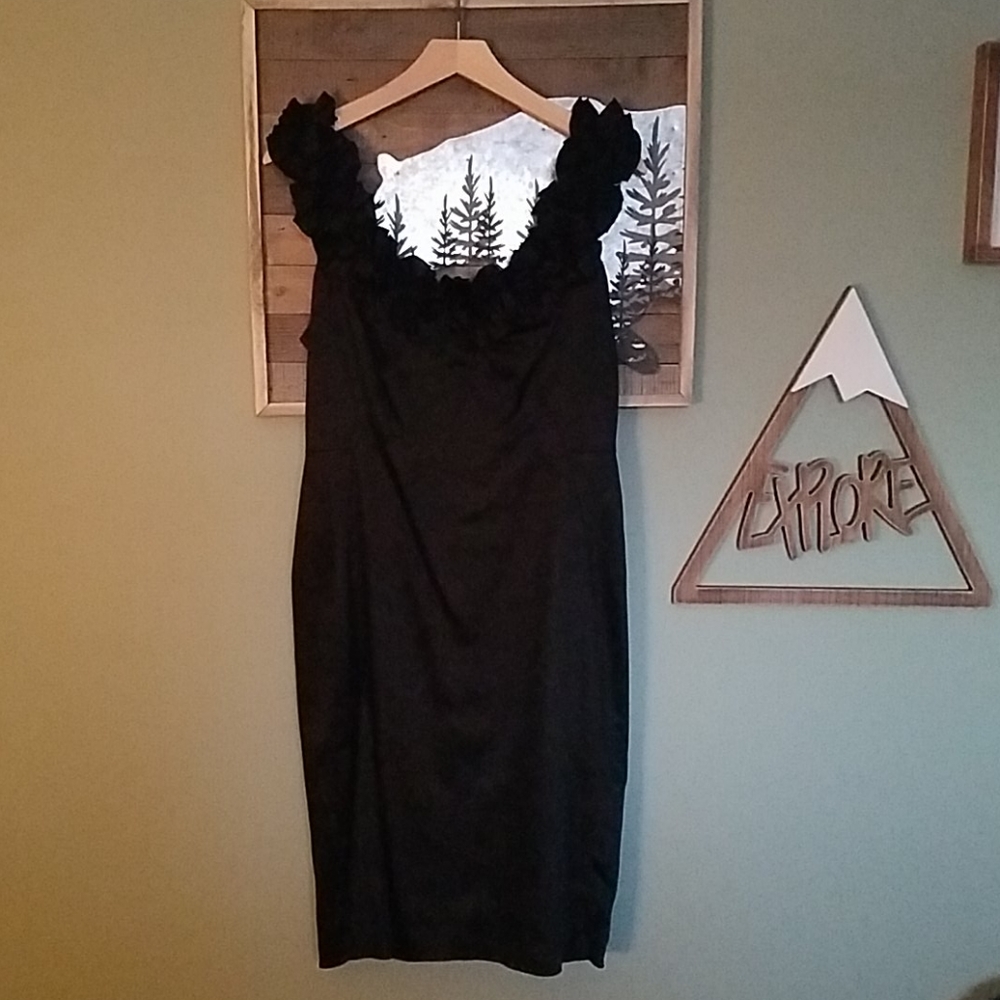 Blk Fitted Dress w/ Rosette/Ruffle detail neckline